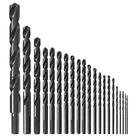 A studio photograph displaying the full 21-piece assortment of black oxide jobber length twist drill bits arranged by size from largest to smallest.