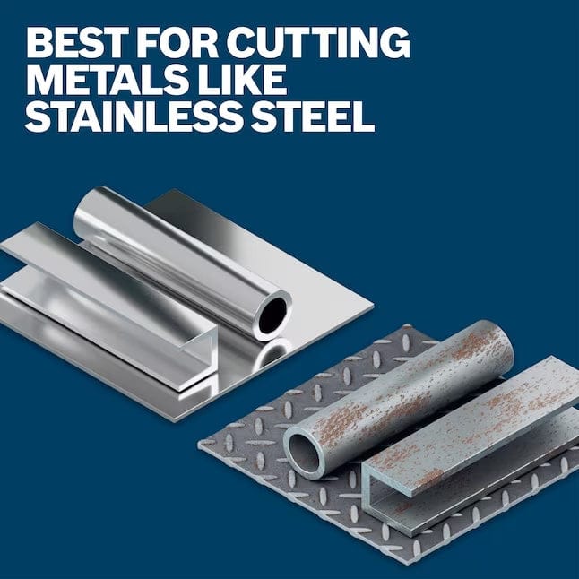 An instructional graphic showing various metal stocks, including stainless steel tubing and diamond plate, with text stating the bits are best for cutting metals like stainless steel.