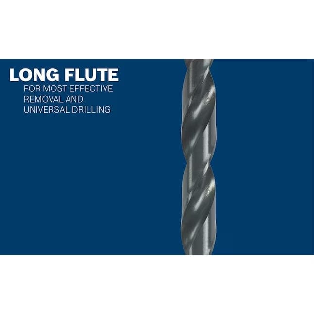 A close-up studio photograph of the spiral flutes on a black oxide drill bit, featuring text that identifies the design as a Long Flute for effective material removal and universal drilling.