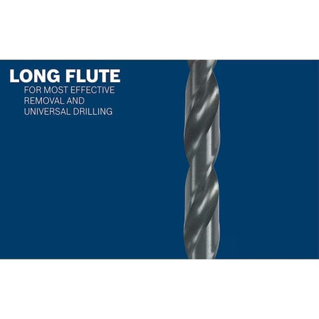 A close-up studio photograph of the spiral flutes on a black oxide drill bit, featuring text that identifies the design as a Long Flute for effective material removal and universal drilling.