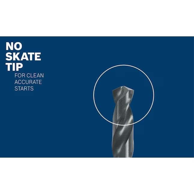 A close-up studio photograph highlighting the 135-degree split-point tip of a black oxide drill bit, with text overlaying the image stating No Skate Tip for clean accurate starts.