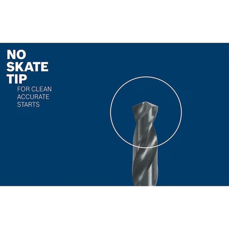 A close-up studio photograph highlighting the 135-degree split-point tip of a black oxide drill bit, with text overlaying the image stating No Skate Tip for clean accurate starts.