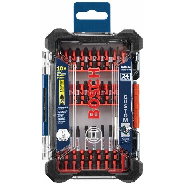 The Bosch SDMS24 24-piece Impact Tough screwdriving bit set in its clear retail packaging.