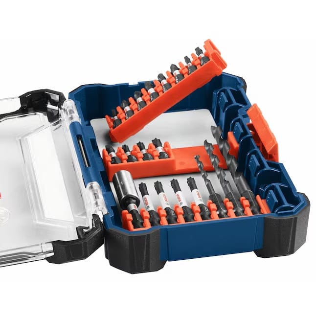 The open Bosch Custom Case, demonstrating the tilt-in/tilt-out mechanism with an orange bit holder lifted up.