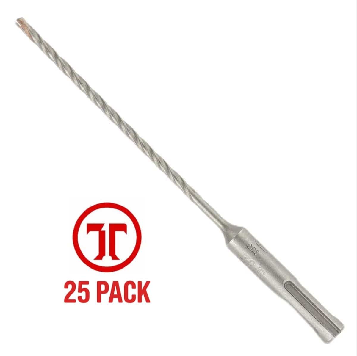 A single extra-long Bosch SDS Plus Bulldog Tough rotary hammer drill bit positioned diagonally on a plain white background, shown next to a circular red graphic badge containing a stylized icon and bold text reading 25 PACK, highlighting a bulk contractor wholesale multipack configured with an extended four-flute spiral dust extraction core, a robust universal quick-change slotted SDS-plus structural masonry shank with etched model details, and a heavy-duty four-cutter carbide tip engineered for deep precis