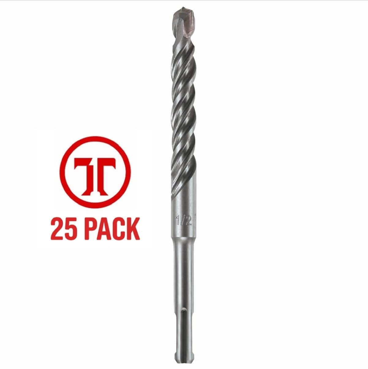 A heavy-duty 1/2 inch Bosch SDS Plus Bulldog Tough rotary hammer drill bit positioned vertically against a solid white background, shown next to a circular red graphic emblem containing a stylized icon and bold text reading 25 PACK, representing a wholesale contractor multipack bundle designed with a universal quick-change slotted SDS-plus structural masonry shank featuring a clear 1/2 size engraving, an optimized thick four-flute spiral core for accelerated concrete dust extraction, and an industrial-grade