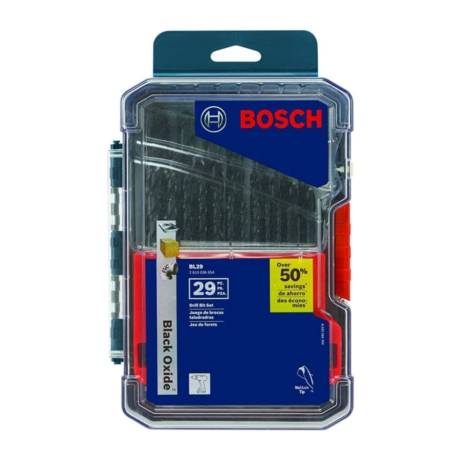 Bosch BL29 29-piece black oxide drill bit set in transparent plastic case with blue and red label showing product name, model number, and multilingual packaging details.