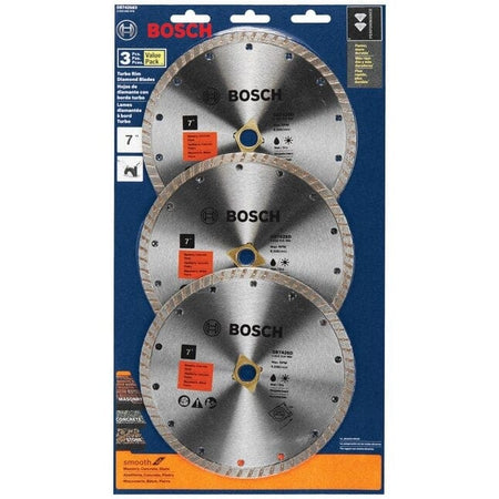 Bosch DB742SB3 3-pack of 7-inch turbo rim diamond blades in blue and orange packaging, labeled for smooth cutting in concrete, brick, and block; includes product icons and safety instructions.