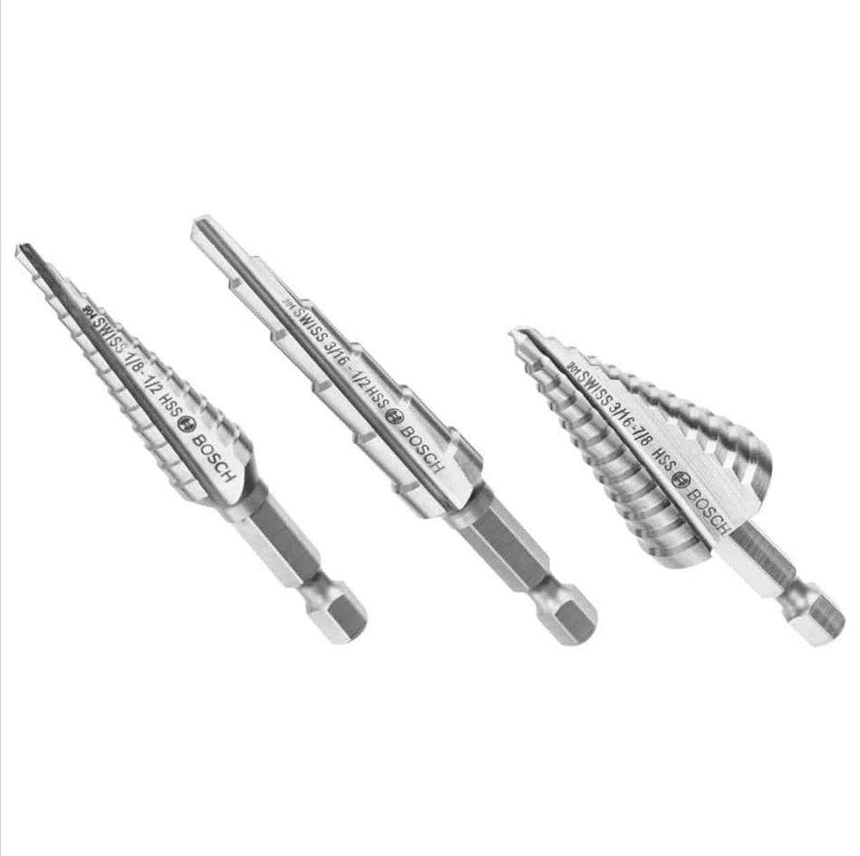 A studio shot of the three Bosch HSS Turbo step drill bits from the set, shown at an angle.