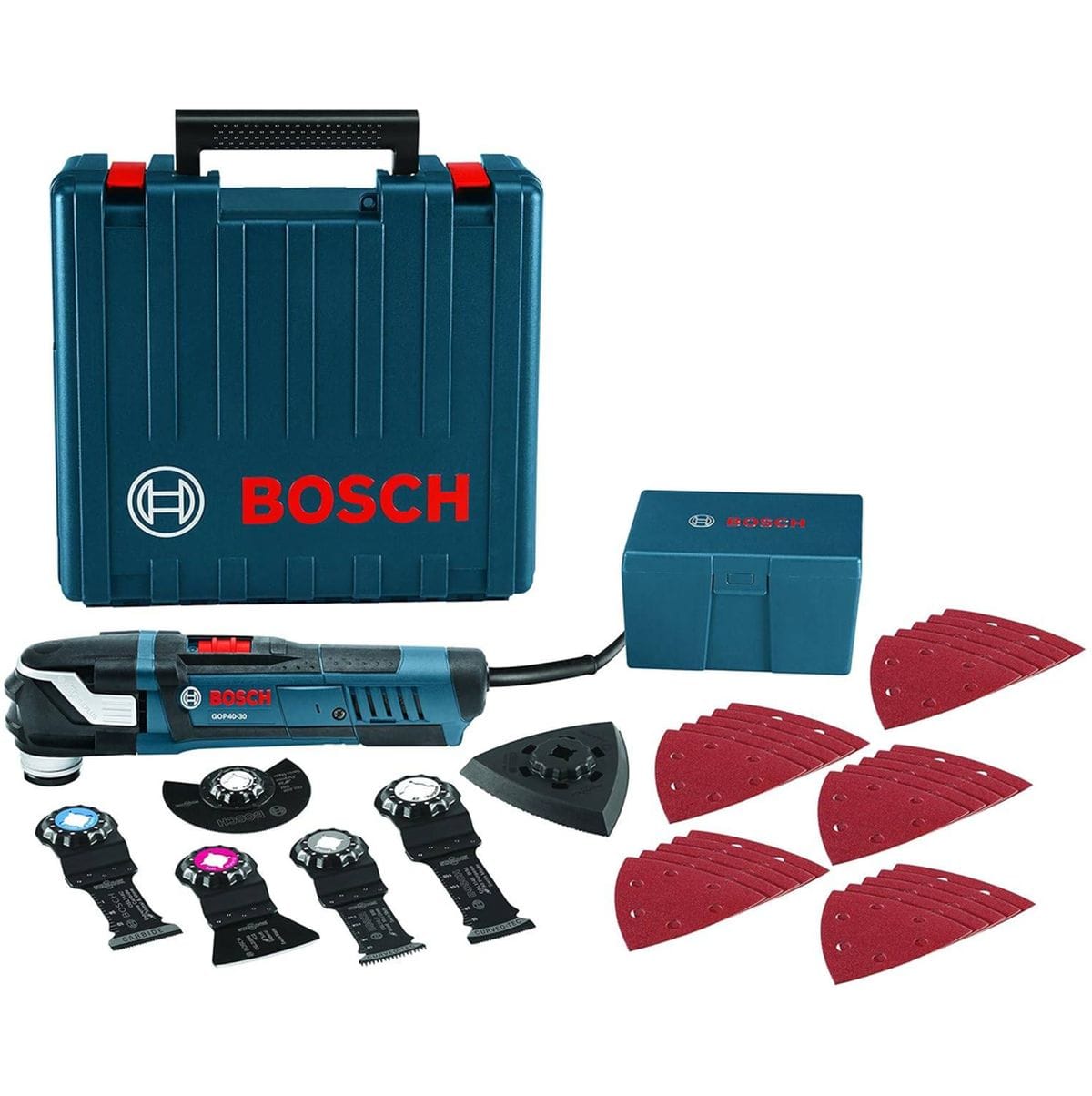 Bosch GOP40-30 multi-tool kit with hard case, sanding pads, blades, and attachments for cutting, scraping, and sanding tasks.