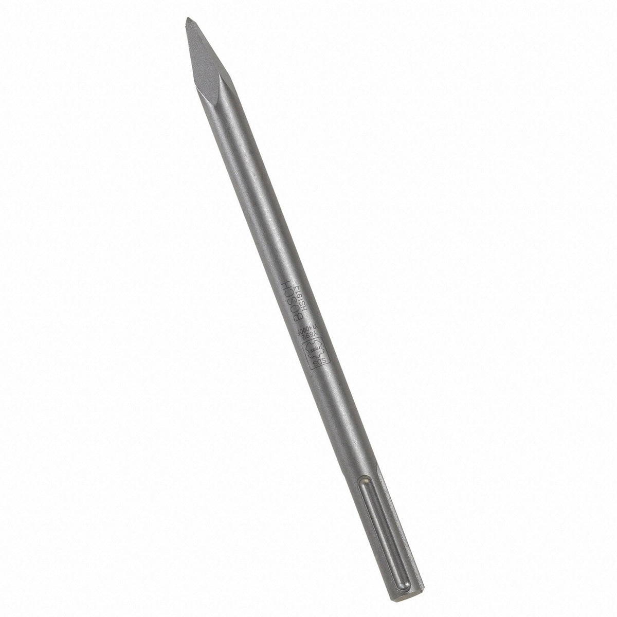 Bosch hammer steel bull point chisel bit displaying an integrated heavy duty connection shank with laser etched model engravings, a solid cylindrical steel alloy shaft, and a sharp pointed head geometry built for precision starting holes, concrete breaker jackhammers, and masonry demolition isolated diagonally on a white background.