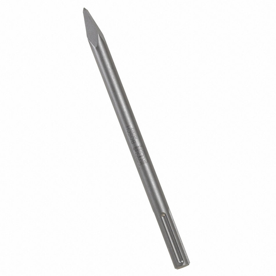 Bosch hammer steel bull point chisel bit displaying an integrated heavy duty connection shank with laser etched model engravings, a solid cylindrical steel alloy shaft, and a sharp pointed head geometry built for precision starting holes, concrete breaker jackhammers, and masonry demolition isolated diagonally on a white background.