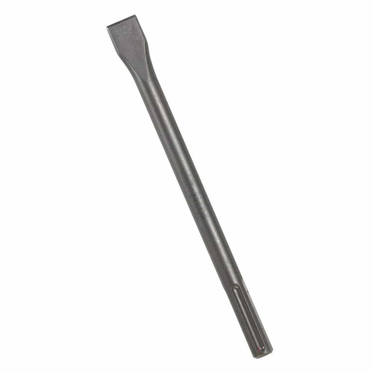 Bosch three quarter inch hex shank hammer steel demolition tool bit showing a heavy duty dark alloy flat chipping chisel body with a solid slotted hex connection and a laser etched model engraving engineered for high impact concrete breaker jackhammer masonry work brick surface chipping and structural demolition applications isolated diagonally on a white background.