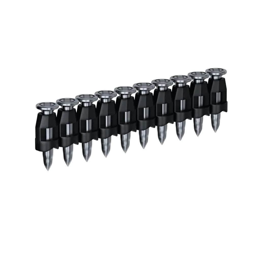 A studio photograph of a strip of 10 collated steel pin nails with full round heads featuring the Bosch logo, held together by a black plastic collation strip.