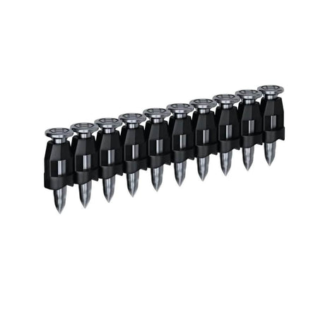A studio photograph of a strip of 10 collated steel pin nails with full round heads featuring the Bosch logo, held together by a black plastic collation strip.