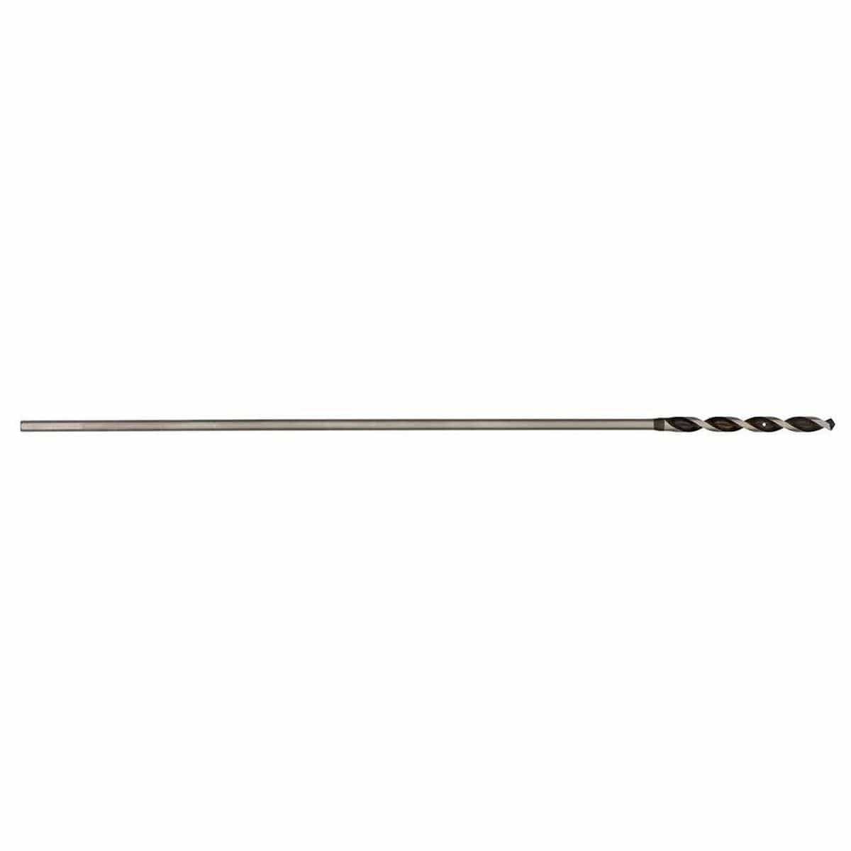 A Bosch high-speed steel bell hanger installation drill bit displayed horizontally against a plain white background, highlighting its long slender steel shaft, short spiral flute cutting core, and integrated wire pulling eyelet hole engineered for fishing low-voltage cables through deep walls.