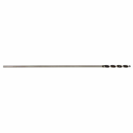 A Bosch high-speed steel bell hanger installation drill bit displayed horizontally against a plain white background, highlighting its long slender steel shaft, short spiral flute cutting core, and integrated wire pulling eyelet hole engineered for fishing low-voltage cables through deep walls.