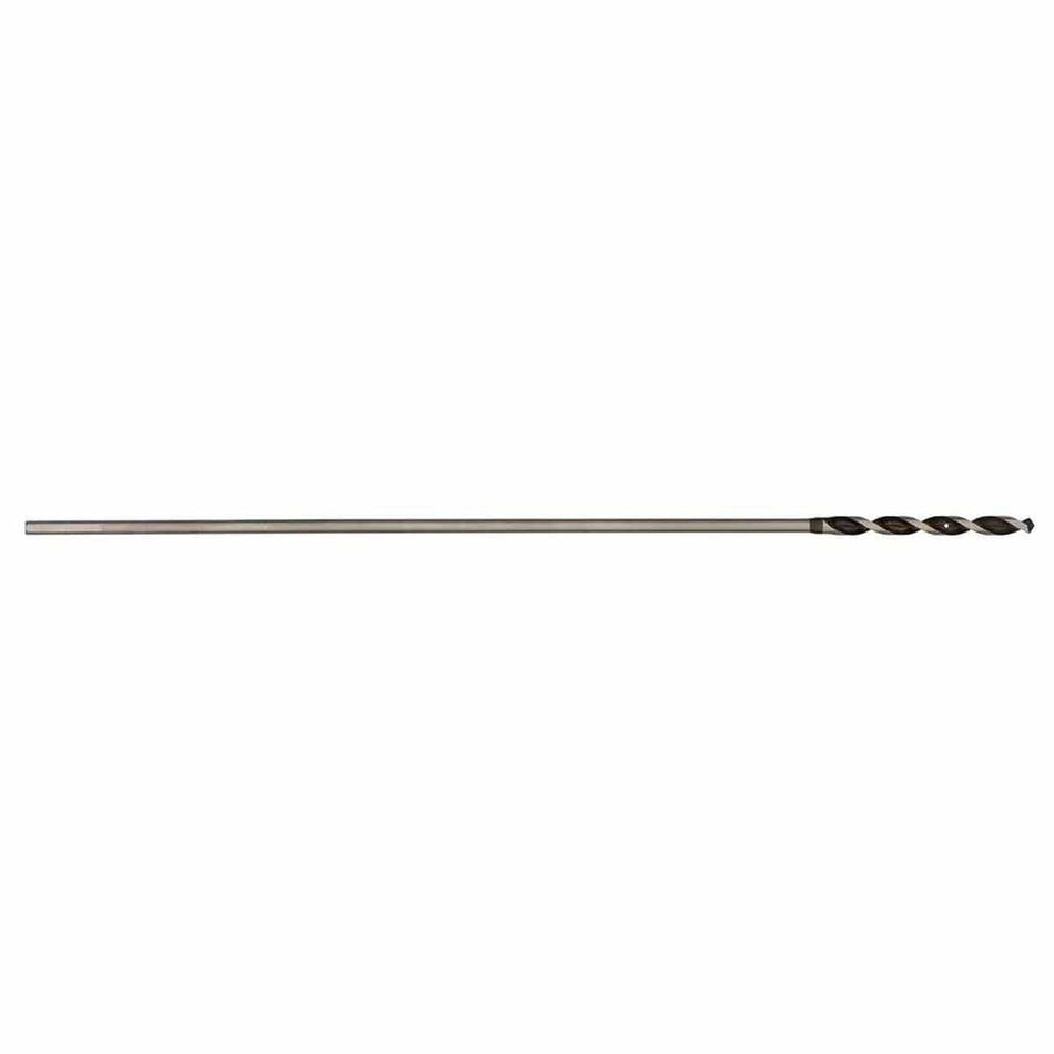 A Bosch high-speed steel bell hanger installation drill bit displayed horizontally against a plain white background, highlighting its long slender steel shaft, short spiral flute cutting core, and integrated wire pulling eyelet hole engineered for fishing low-voltage cables through deep walls.