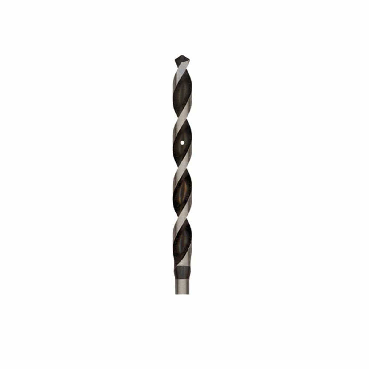 A high-resolution close-up product image focusing on the spiral flute tip of a Bosch bell hanger installation drill bit, emphasizing the sharp right-hand cutting direction twist and the distinct wire guide guide hole machined through the core body for pulling cables.