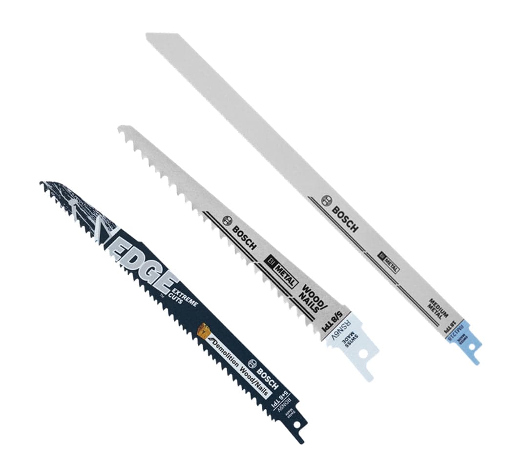 Studio shot of the Bosch 3-piece reciprocating saw blade kit featuring one black 6-inch demolition blade, one silver 6-inch wood with nails blade, and one silver 12-inch metal cutting blade arranged diagonally.