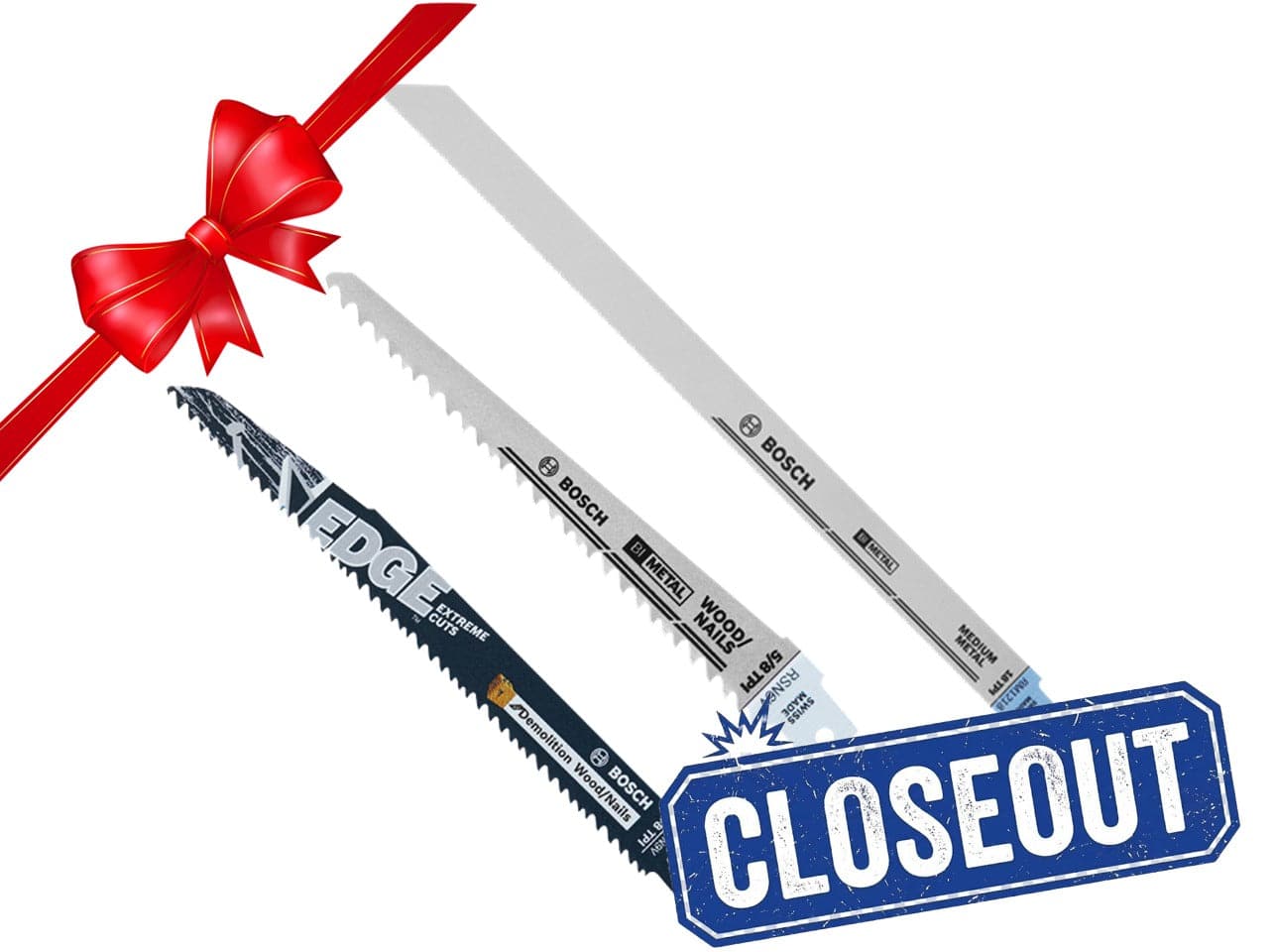 Promotional graphic of the Bosch 3-piece reciprocating saw blade kit featuring a red ribbon bow and a blue Closeout stamp overlay.