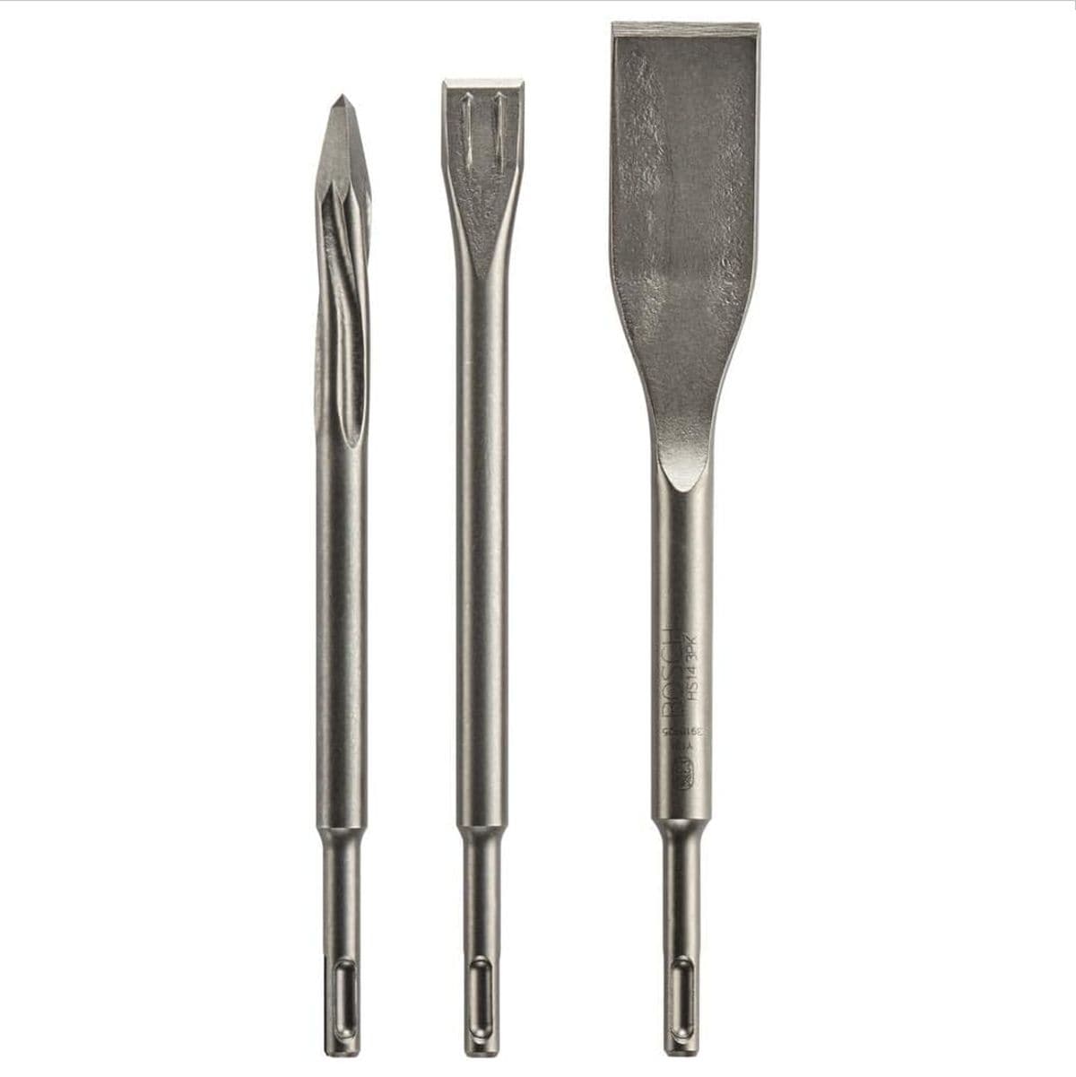 A Bosch 3-piece SDS-Plus Bulldog self-sharpening chisel set arranged vertically against a white background, featuring a star-point twist chisel, a flat viper chisel with power ribs, and a wide flat tile scraping scaling chisel, all showcasing universal quick-change slotted SDS-plus shanks.