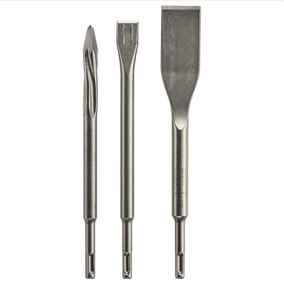 A Bosch 3-piece SDS-Plus Bulldog self-sharpening chisel set arranged vertically against a white background, featuring a star-point twist chisel, a flat viper chisel with power ribs, and a wide flat tile scraping scaling chisel, all showcasing universal quick-change slotted SDS-plus shanks.