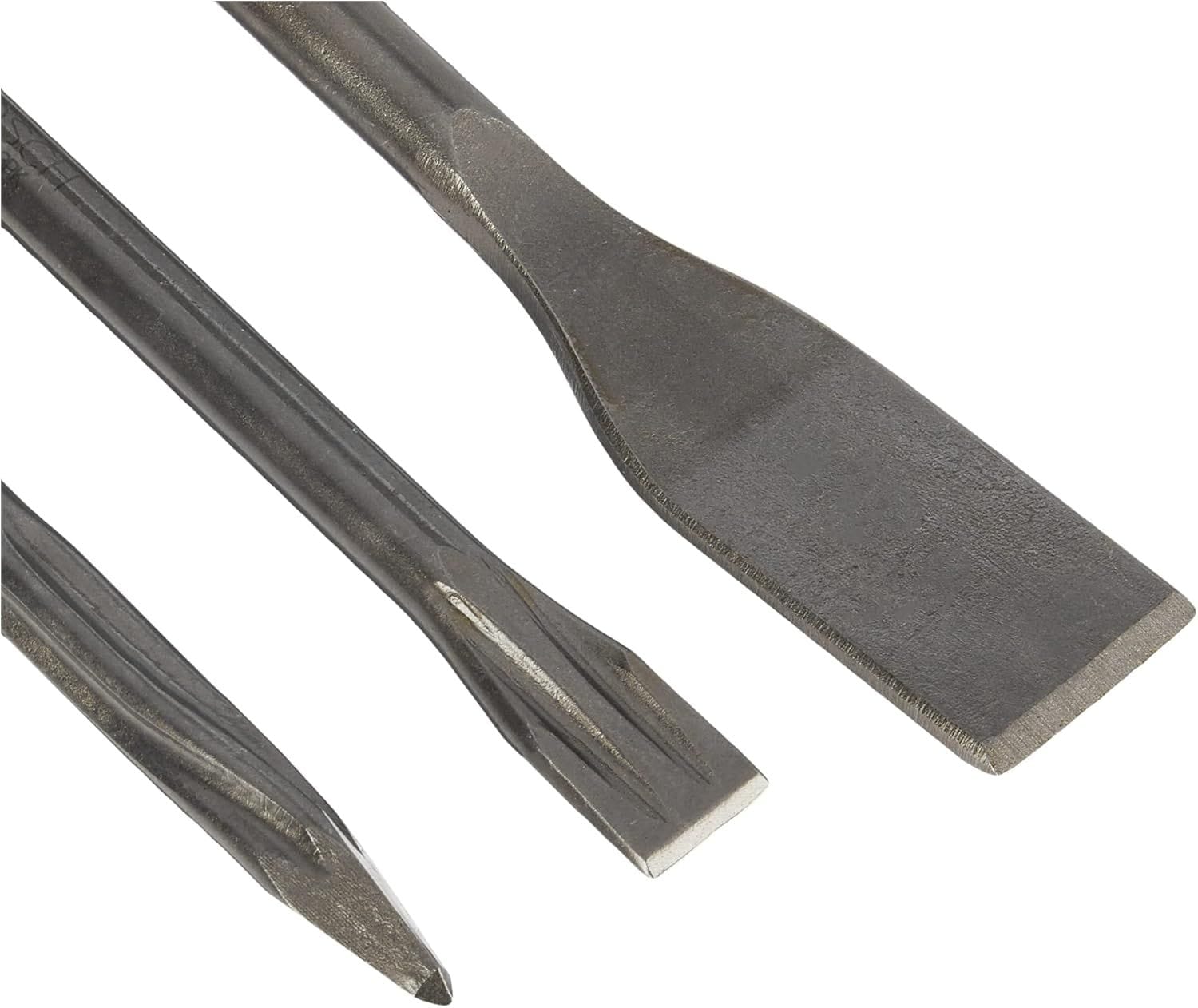A close-up overhead product image highlighting the distinct cutting heads of the Bosch SDS-Plus Bulldog chisel set, emphasizing the twisted star point, the flat viper blade with self-sharpening ribs, and the broad chisel face engineered for rapid tile scraping and concrete breaking.