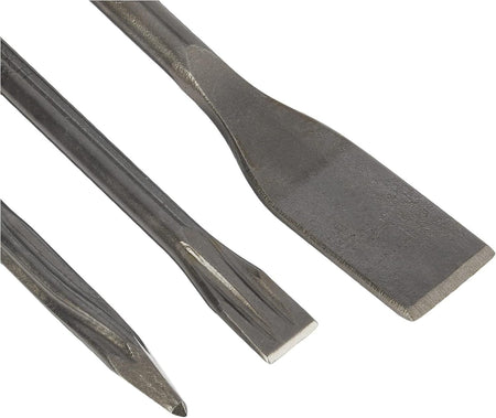A close-up overhead product image highlighting the distinct cutting heads of the Bosch SDS-Plus Bulldog chisel set, emphasizing the twisted star point, the flat viper blade with self-sharpening ribs, and the broad chisel face engineered for rapid tile scraping and concrete breaking.