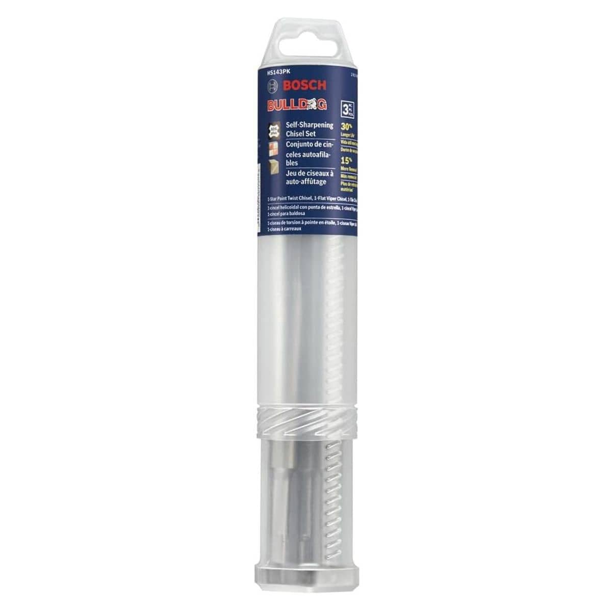 The retail packaging for the Bosch SDS-Plus Bulldog self-sharpening chisel set, showing the three chisels neatly stored inside a clear cylindrical plastic contractor tube with blue branding labels detailing performance features and kit contents.