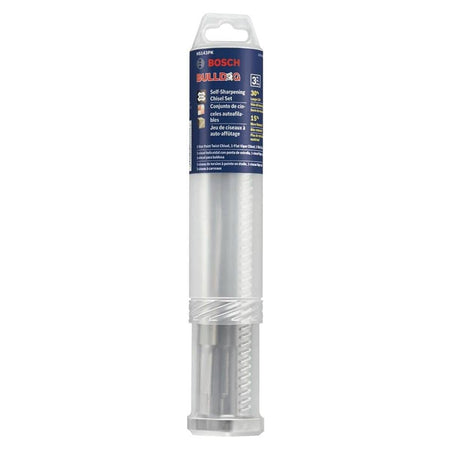 The retail packaging for the Bosch SDS-Plus Bulldog self-sharpening chisel set, showing the three chisels neatly stored inside a clear cylindrical plastic contractor tube with blue branding labels detailing performance features and kit contents.