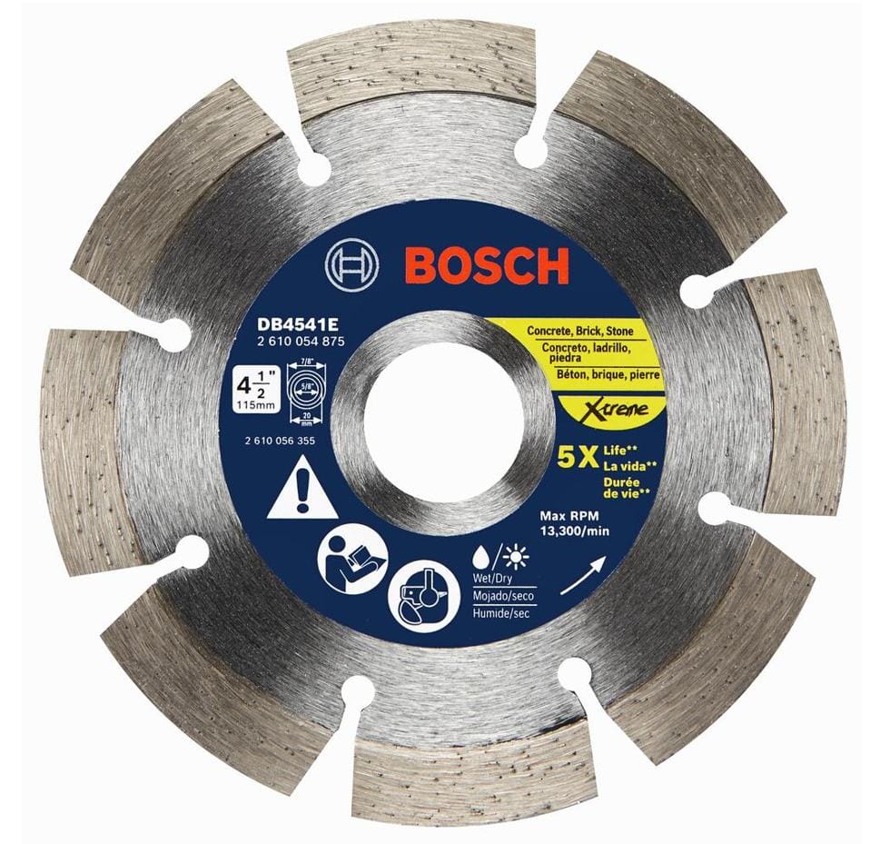 Close-up of Bosch Xtreme Segmented Diamond Blade, model DB4541E, showing segmented rim design and multilingual labeling. Blade is marked for concrete, brick, and stone, with 5X life claim and max RPM of 13,300. Suitable for wet or dry cutting applications.