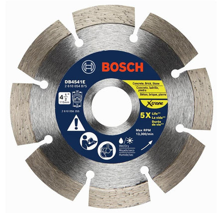 Close-up of Bosch Xtreme Segmented Diamond Blade, model DB4541E, showing segmented rim design and multilingual labeling. Blade is marked for concrete, brick, and stone, with 5X life claim and max RPM of 13,300. Suitable for wet or dry cutting applications.