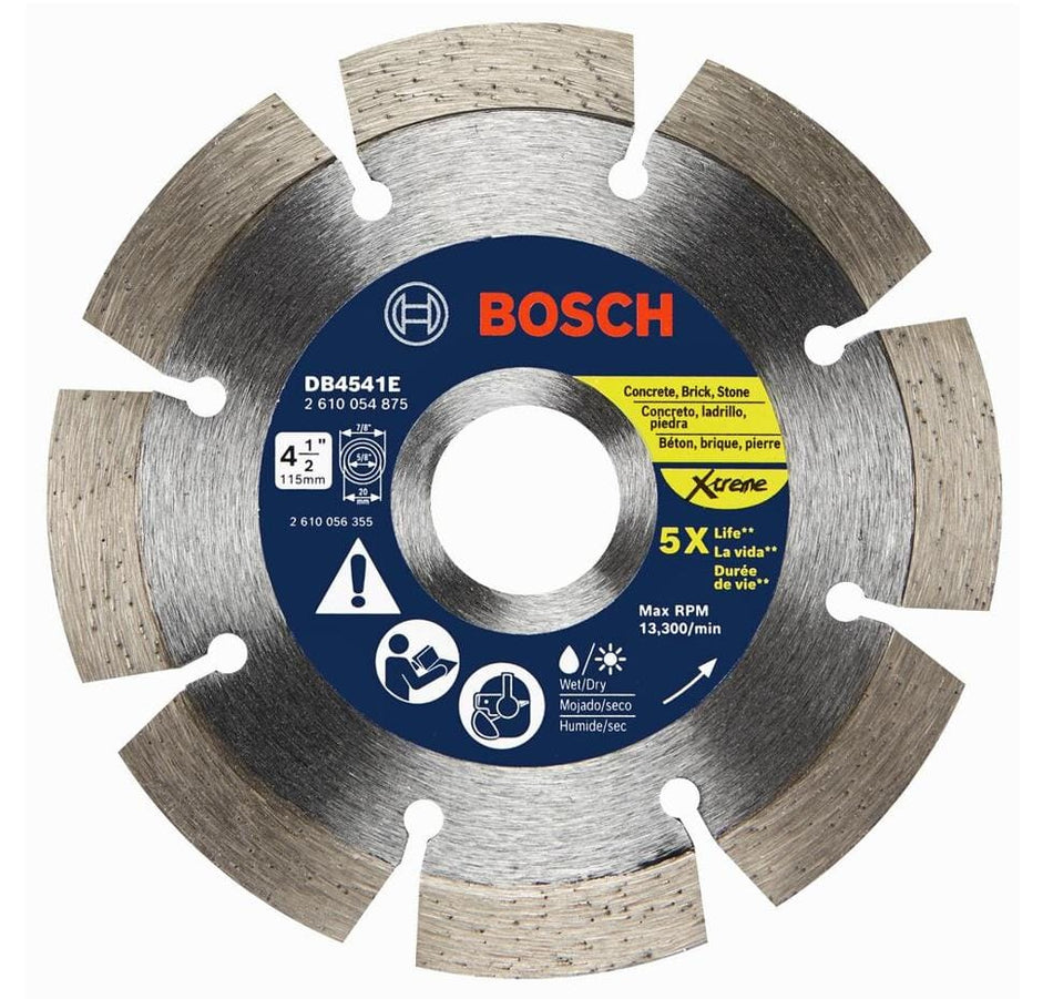 Close-up of Bosch Xtreme Segmented Diamond Blade, model DB4541E, showing segmented rim design and multilingual labeling. Blade is marked for concrete, brick, and stone, with 5X life claim and max RPM of 13,300. Suitable for wet or dry cutting applications.