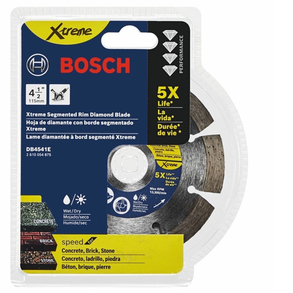 Retail packaging of Bosch Xtreme Segmented Rim Diamond Blade, 4-1/2 inch (115 mm) diameter, labeled for cutting concrete, brick, and stone. Packaging highlights 5X longer life, wet/dry compatibility, and max RPM of 13,300. Multilingual text and icons indicate use with angle grinders.