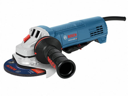 Bosch GWS13-50P angle grinder with side handle and abrasive disc; corded design shown for metalworking tasks.
