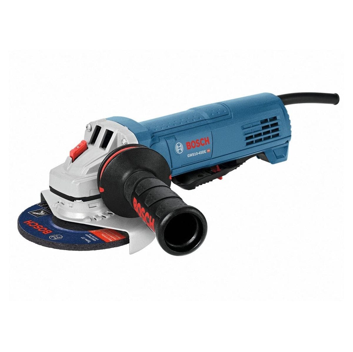 Bosch GWS13-50P angle grinder with side handle and abrasive disc; corded design shown for metalworking tasks.