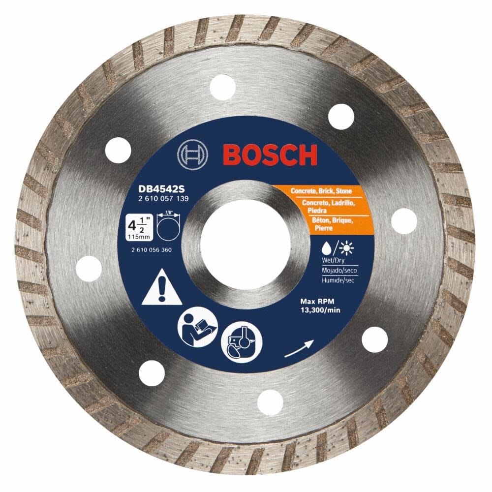 Bosch DB45425 diamond blade labeled for cutting concrete, brick, and stone; includes multilingual specs and RPM rating.