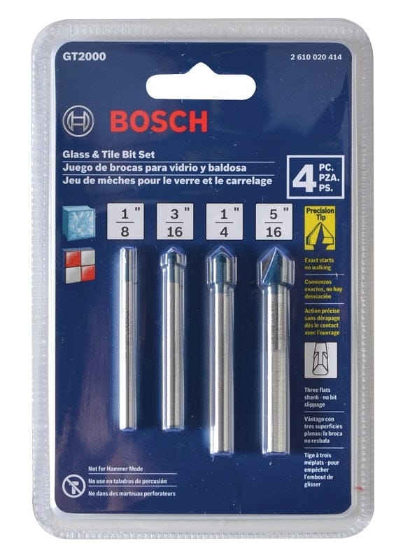 Bosch GT2000 4-piece carbide drill bit set in clear plastic packaging with labeled bit sizes for glass, ceramic tile, and porcelain; includes spear-point tips and multilingual product details.