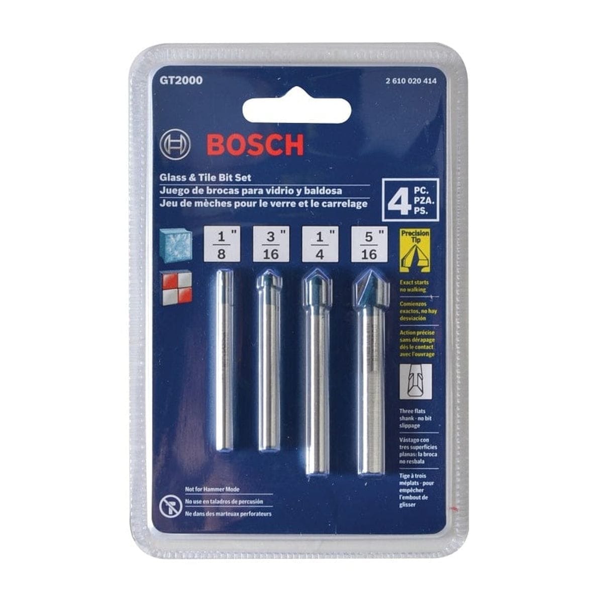 Bosch GT2000 4-piece carbide drill bit set in clear plastic packaging with labeled bit sizes for glass, ceramic tile, and porcelain; includes spear-point tips and multilingual product details.