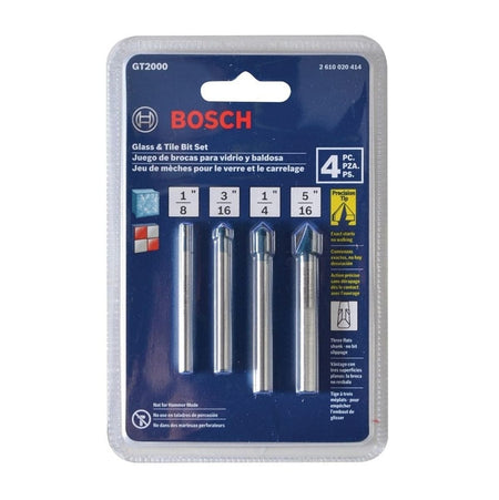 Bosch GT2000 4-piece carbide drill bit set in clear plastic packaging with labeled bit sizes for glass, ceramic tile, and porcelain; includes spear-point tips and multilingual product details.