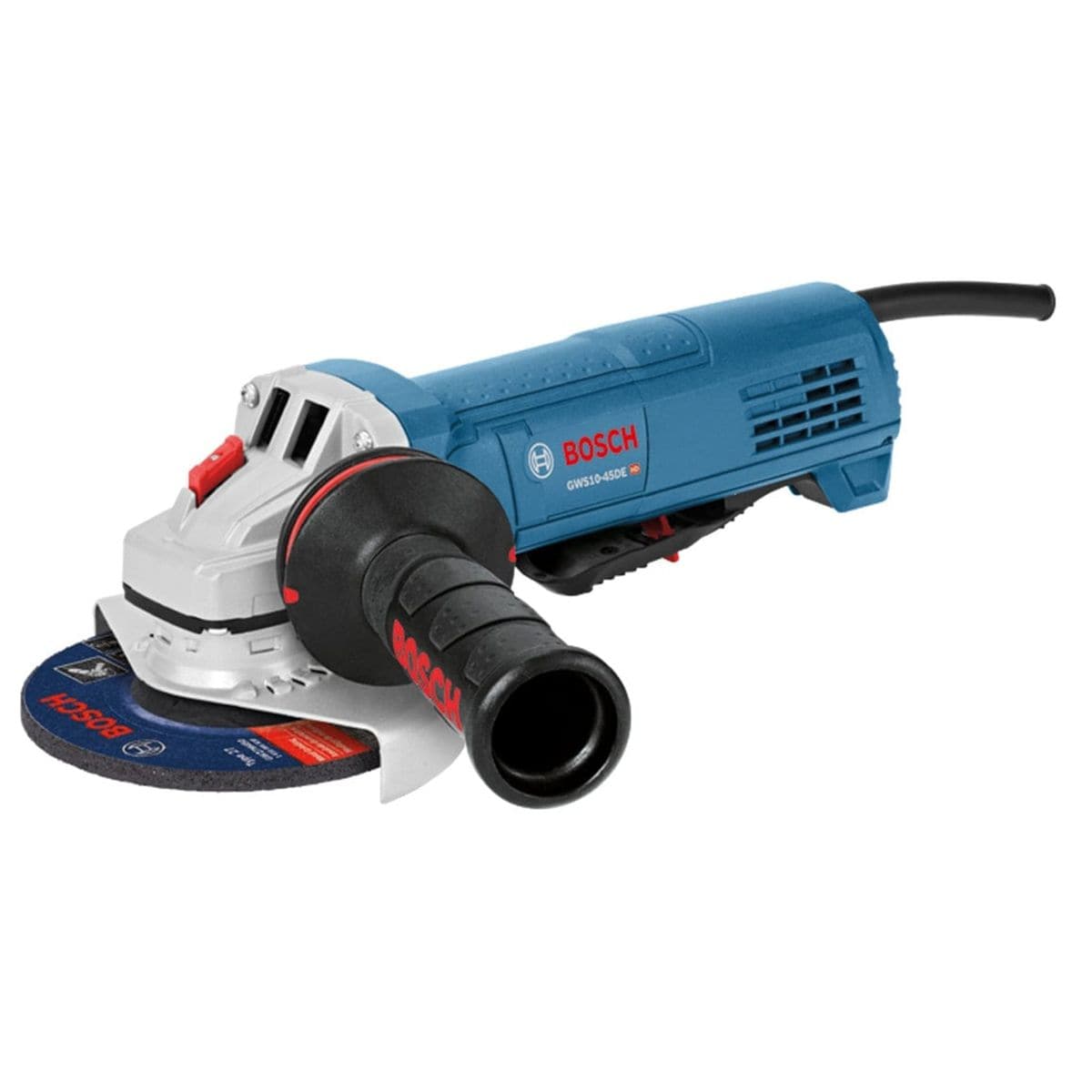 Bosch GWS13-50VSP angle grinder with side handle and protective guard, designed for grinding and cutting metal, stone, and concrete surfaces.