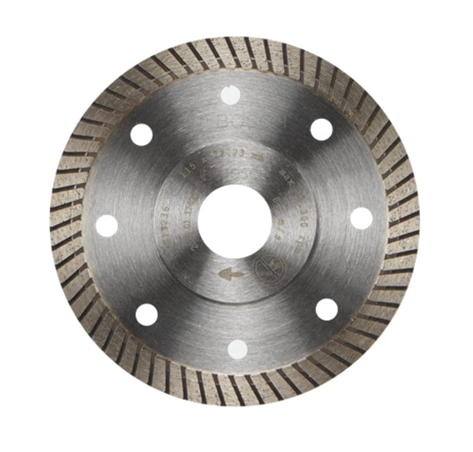 Bosch 4.5 inch turbo rim diamond blade with segmented edge and mounting holes, designed for high-speed cutting of porcelain, granite, and tile using angle grinders