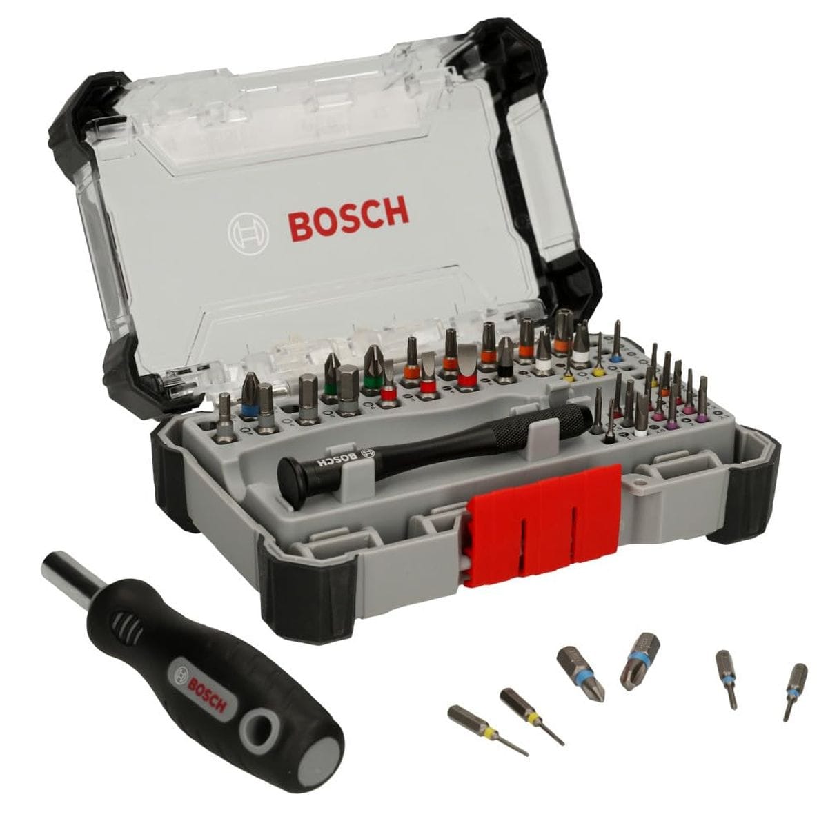 The Bosch PB4042 42-Piece Extra Hard Precision Screwdriver Bit Set is displayed open with its custom Pick-and-Click storage case. The dual-purpose fastening kit features an assortment of color-coded S2 steel bits arranged alongside a precision driver handle, with a larger standard magnetic driver handle and loose bits placed in the foreground.