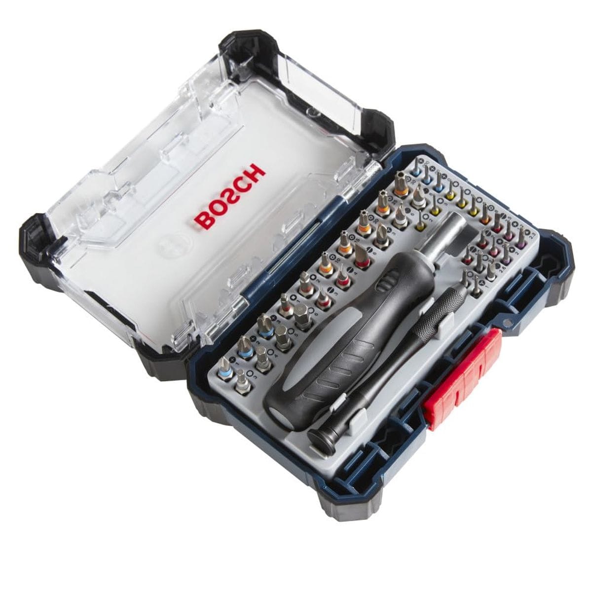 A top-down view of the Bosch PB4042 42-Piece Extra Hard Precision Screwdriver Bit Set inside its organized storage case with a clear lid. The compact fastener driver kit securely stores both the precision and standard magnetic handles alongside an array of specialty screwdriver bits optimized for electronics repair.