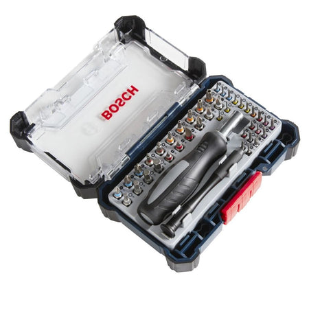 A top-down view of the Bosch PB4042 42-Piece Extra Hard Precision Screwdriver Bit Set inside its organized storage case with a clear lid. The compact fastener driver kit securely stores both the precision and standard magnetic handles alongside an array of specialty screwdriver bits optimized for electronics repair.