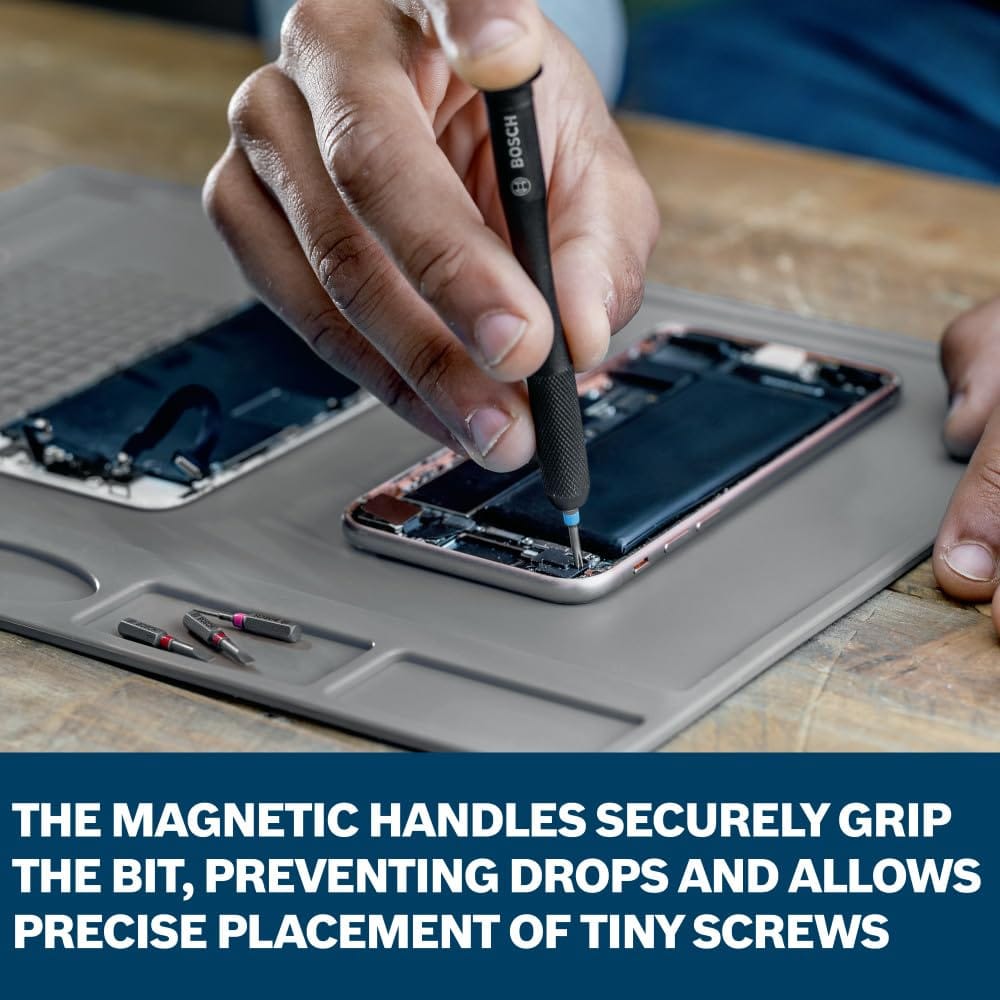A close-up view of a technician repairing a smartphone using the dedicated precision handle from the Bosch PB4042 bit set. The text on the image describes how the magnetic handles securely grip the driver bits, preventing drops and allowing precise placement of tiny electronic screws.