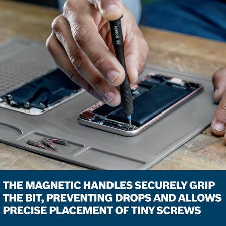 A close-up view of a technician repairing a smartphone using the dedicated precision handle from the Bosch PB4042 bit set. The text on the image describes how the magnetic handles securely grip the driver bits, preventing drops and allowing precise placement of tiny electronic screws.