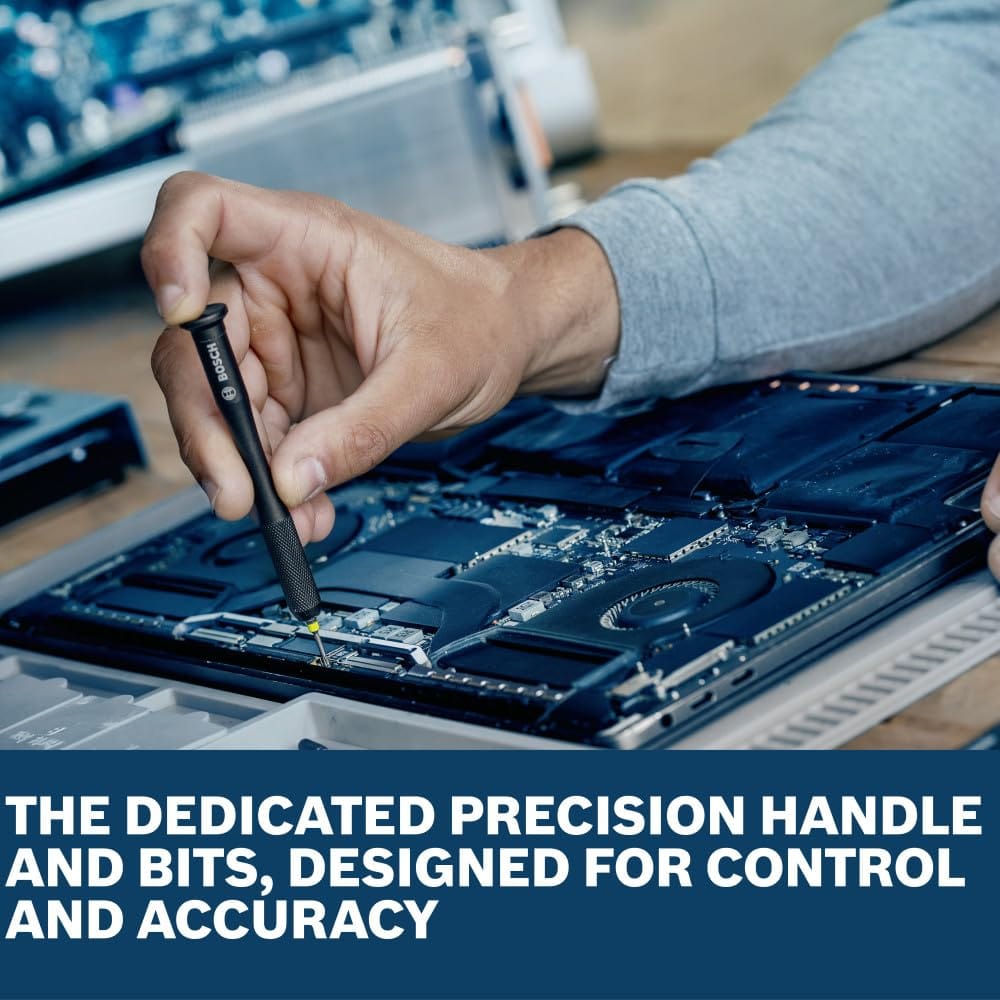 An electronics technician works on the complex interior components of an unsealed laptop using a precise driver handle. Graphic text below highlights that the dedicated precision handle and bits are engineered for high-level control and accuracy during delicate device maintenance.