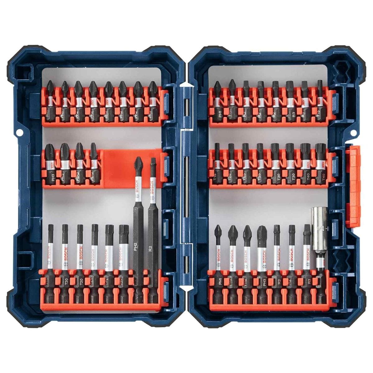 Bosch 44-piece screwdriver bit set in hard plastic case with organized rows of Phillips, Torx, and Square bits; includes short and long bits with labeled compartments.